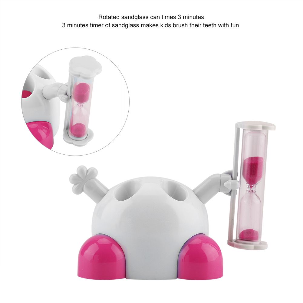 Pink children's toothbrush holder with hourglass timer for 3-minute brushing, part of baby health and grooming kit by Everything Baby.