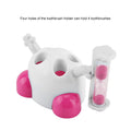 Pink children's toothbrush holder with 3-minute hourglass countdown timer for kids' brushing, part of baby health grooming kit.