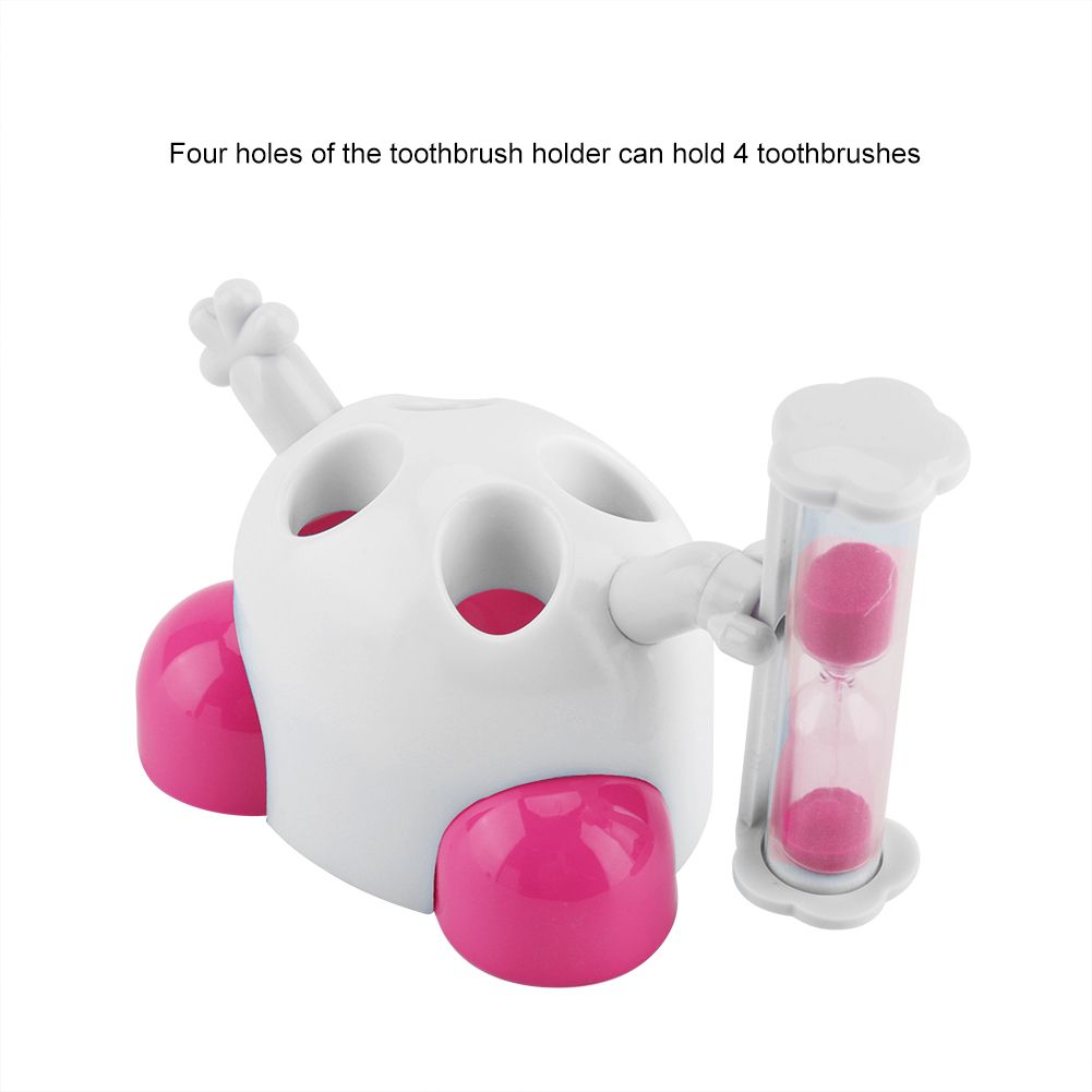 Pink children's toothbrush holder with 3-minute hourglass countdown timer for kids' brushing, part of baby health grooming kit.