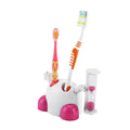 Pink children's toothbrush holder with hourglass timer for 3-minute brushing, designed for baby and kids dental health.