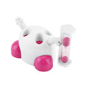 Pink children's toothbrush holder with hourglass timer for 3-minute tooth brushing, part of baby and kids grooming kits.