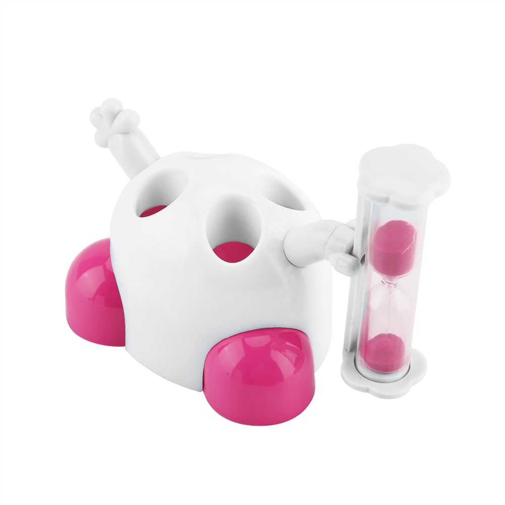 Pink children's toothbrush holder with hourglass timer for 3-minute tooth brushing, part of baby and kids grooming kits.