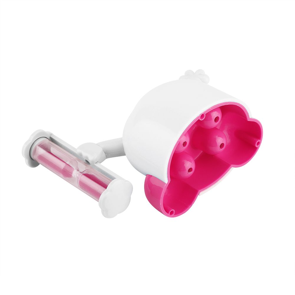 Pink children's toothbrush holder with built-in 3-minute hourglass timer for kids' oral hygiene, part of baby health grooming kit.