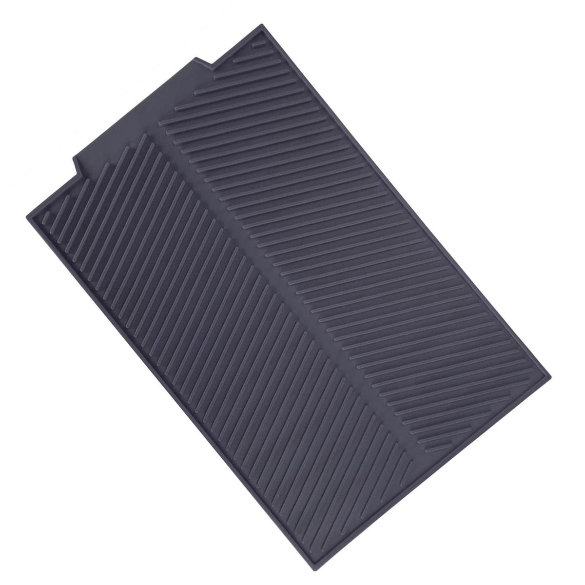 Grey rectangle silicone drain mat for drying dishes, heat resistant and slip-proof tray for kitchen use.