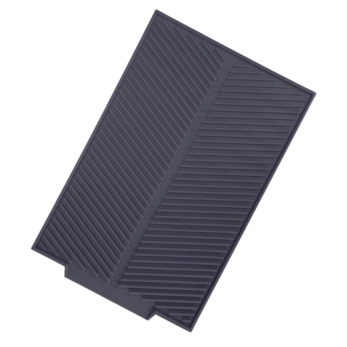 Grey rectangle silicone drain mat for drying dishes, heat resistant and slip-proof tray for kitchen use.