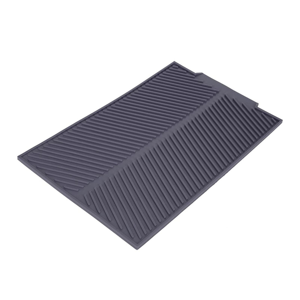Grey rectangle silicone drain mat for drying dishes, heat resistant and slip-proof tray for kitchen use.