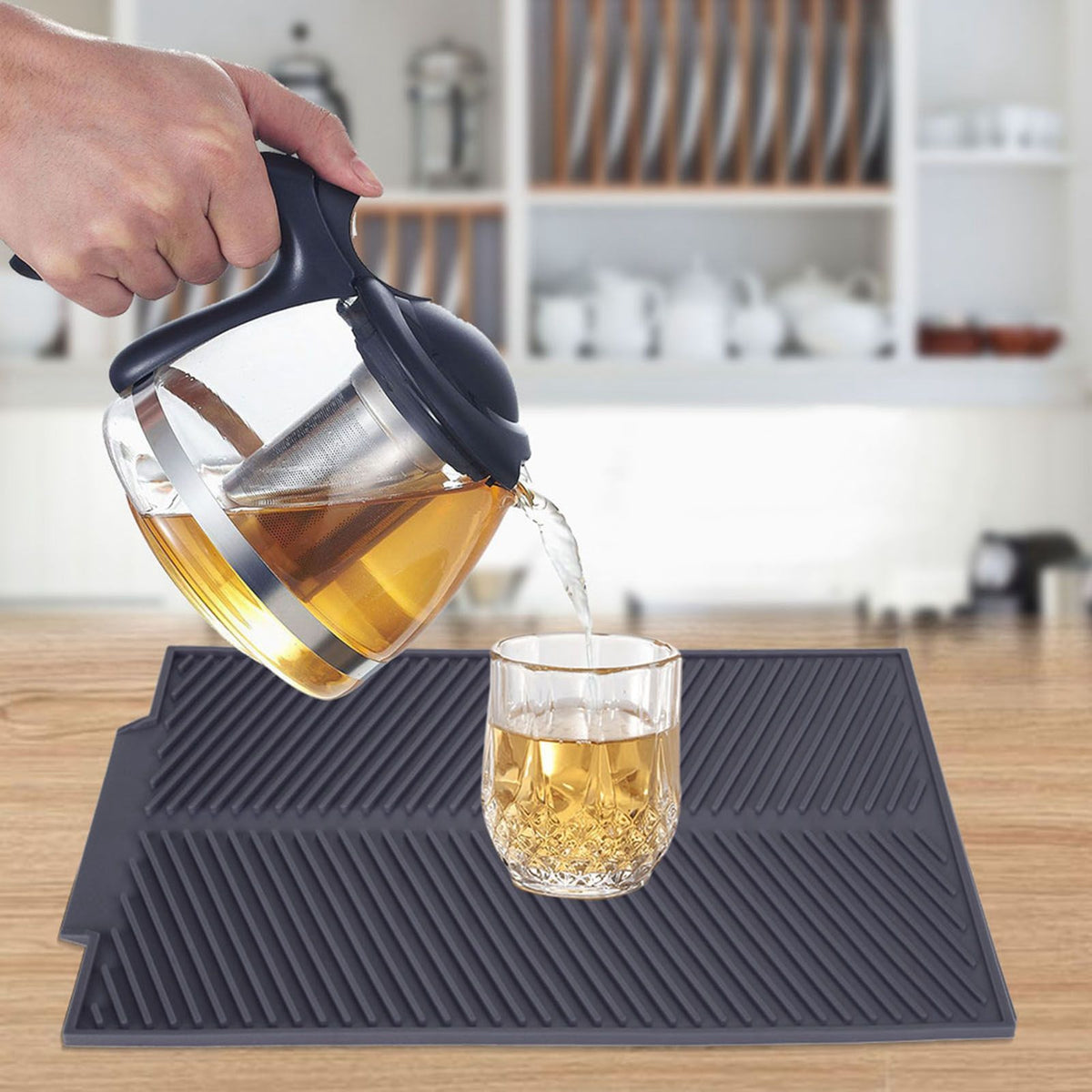 Grey rectangle silicone drain mat from Everything Baby, heat resistant and slip-proof dish drying tray for baby feeding accessories.