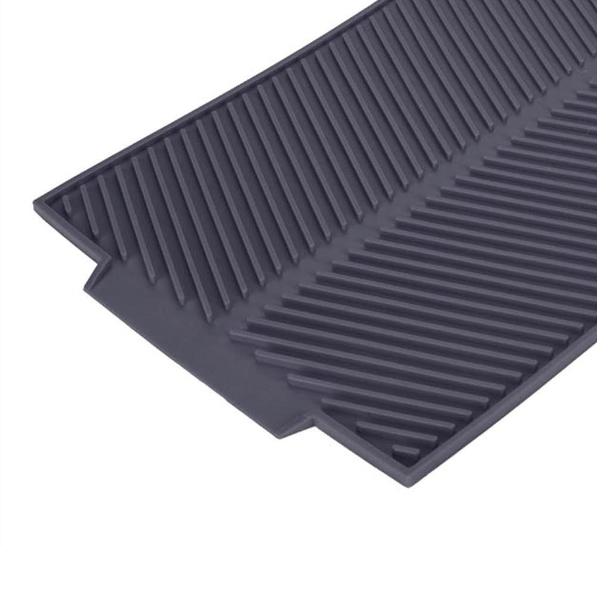 Grey rectangle silicone drain mat for drying dishes, heat resistant and slip-proof tray, ideal for baby and kids nursing and feeding areas.
