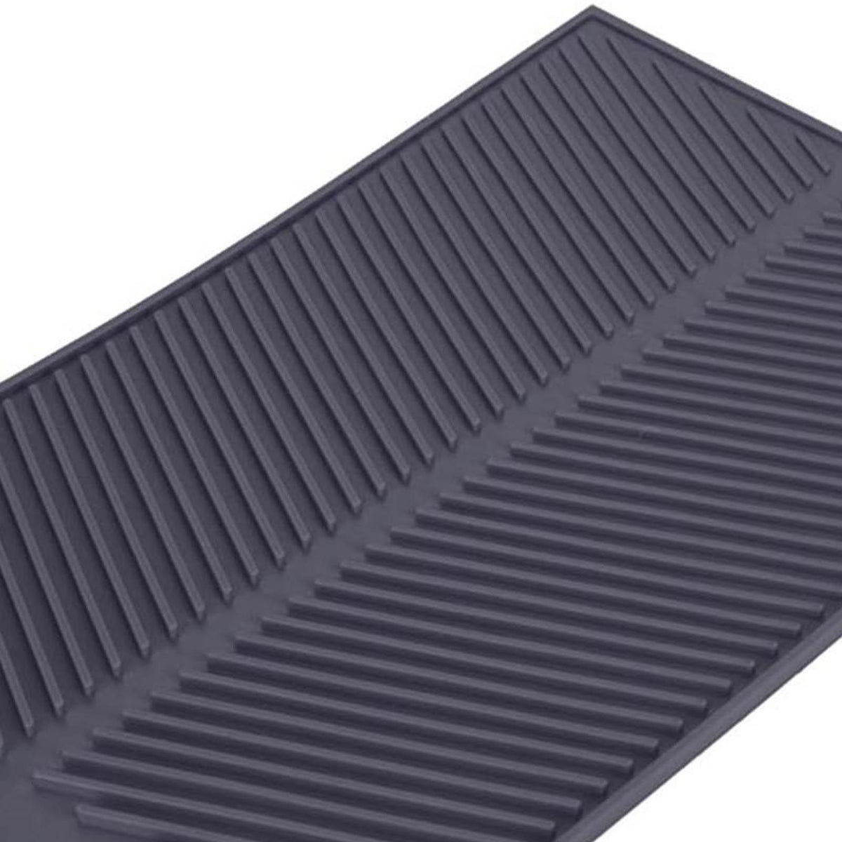 Grey rectangle silicone drain mat for drying dishes, heat resistant and slip-proof tray, ideal for kitchen or nursery use.