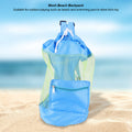 Blue mesh drawstring backpack for kids, with shell toy storage, ideal for outdoor play and beach outings by Everything Baby.