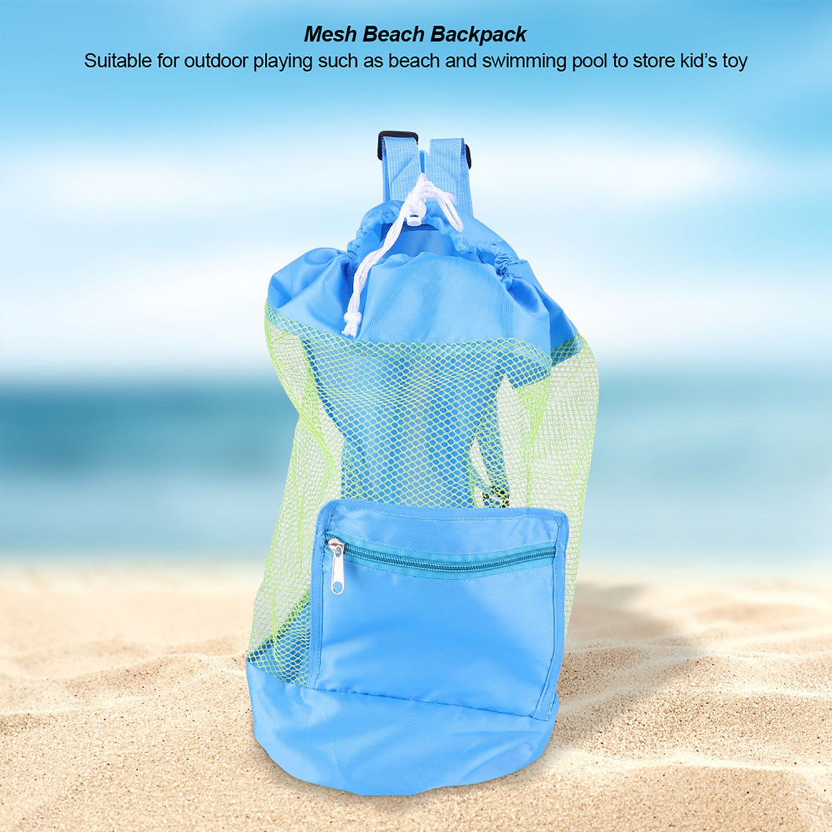 Blue mesh drawstring backpack for kids, with shell toy storage, ideal for outdoor play and beach outings by Everything Baby.