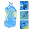 Blue mesh drawstring backpack for kids, featuring beach shell toy storage, suitable for outdoor play and travel.