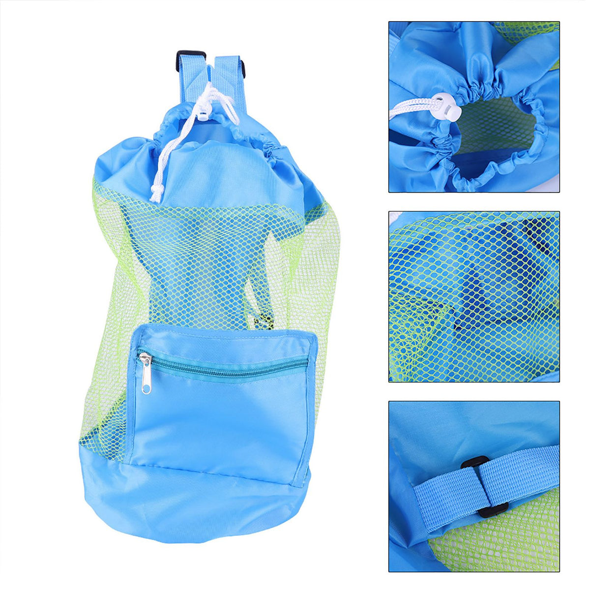 Blue mesh drawstring backpack for kids, featuring beach shell toy storage, suitable for outdoor play and travel.