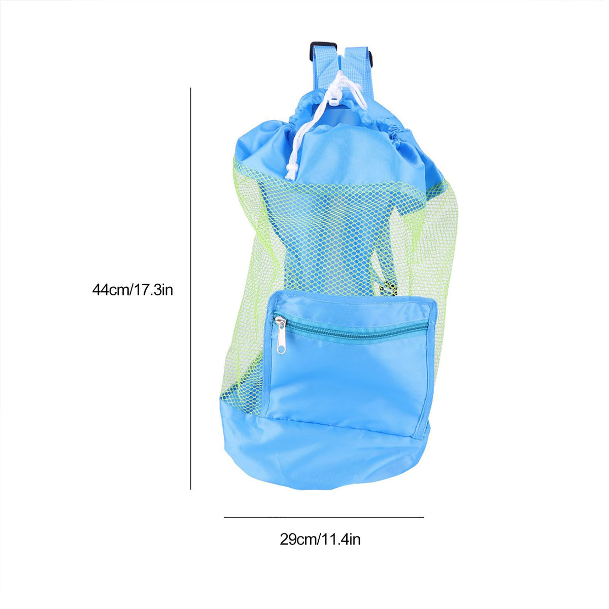 Blue mesh drawstring backpack for kids, perfect for outdoor beach play and toy storage, by Everything Baby.