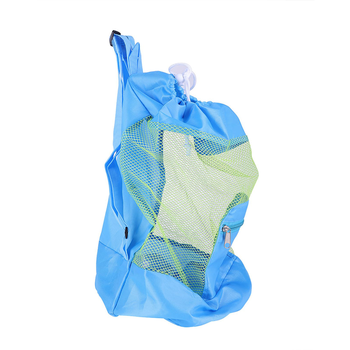 Blue mesh drawstring backpack for kids, outdoors toy storage bag with shell design, ideal for beach and outdoor play.