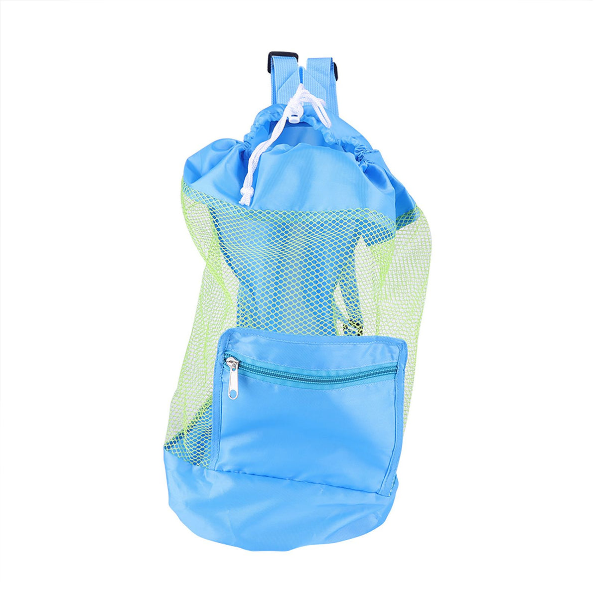 Blue mesh drawstring backpack for children, featuring a beach shell design, ideal for outdoor toy storage and play activities.