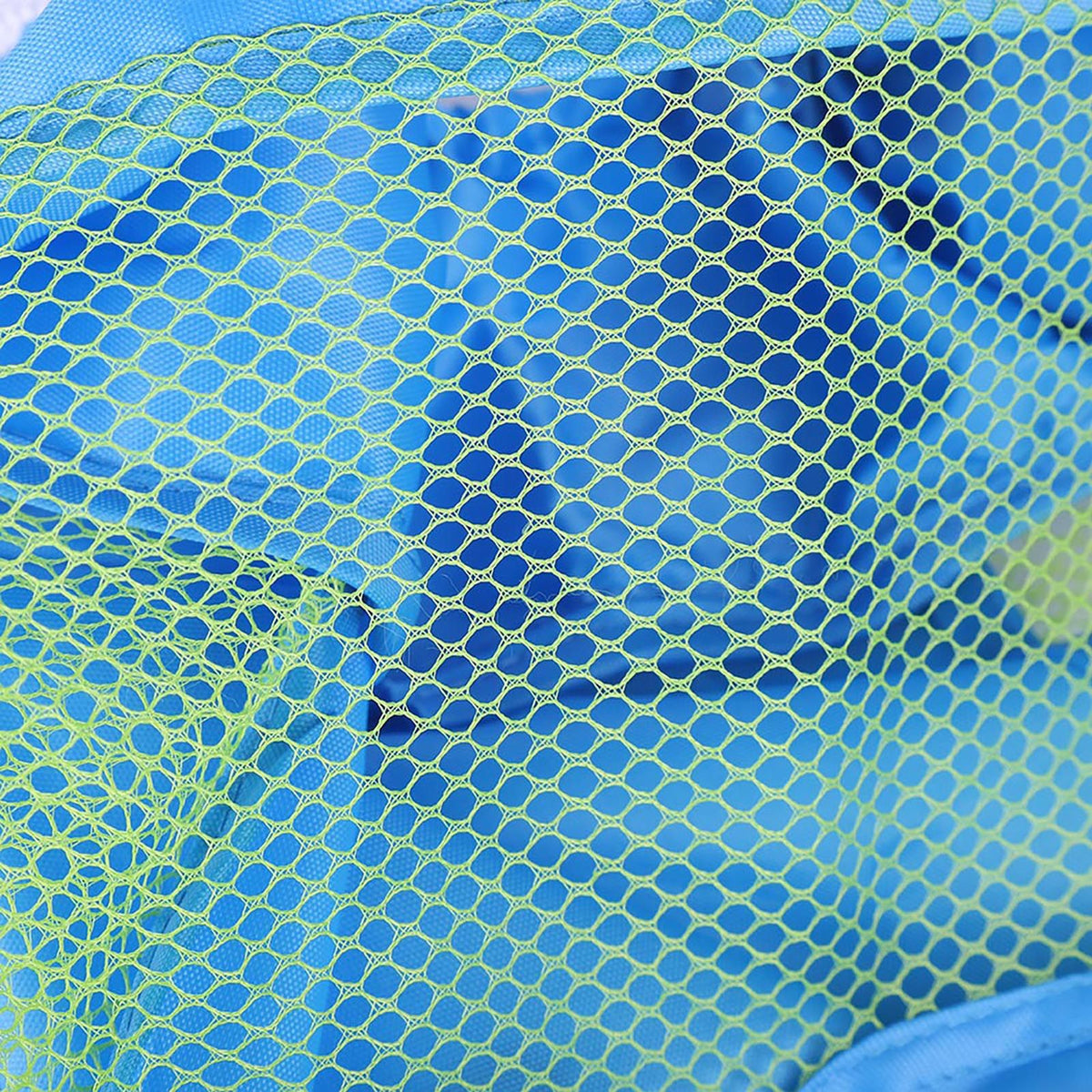 Blue mesh drawstring backpack for kids, outdoor beach shell toy storage bag, lightweight and breathable for children.