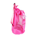 Pink mesh drawstring backpack for kids, featuring a beach shell toy storage bag for outdoor play and toy organization.