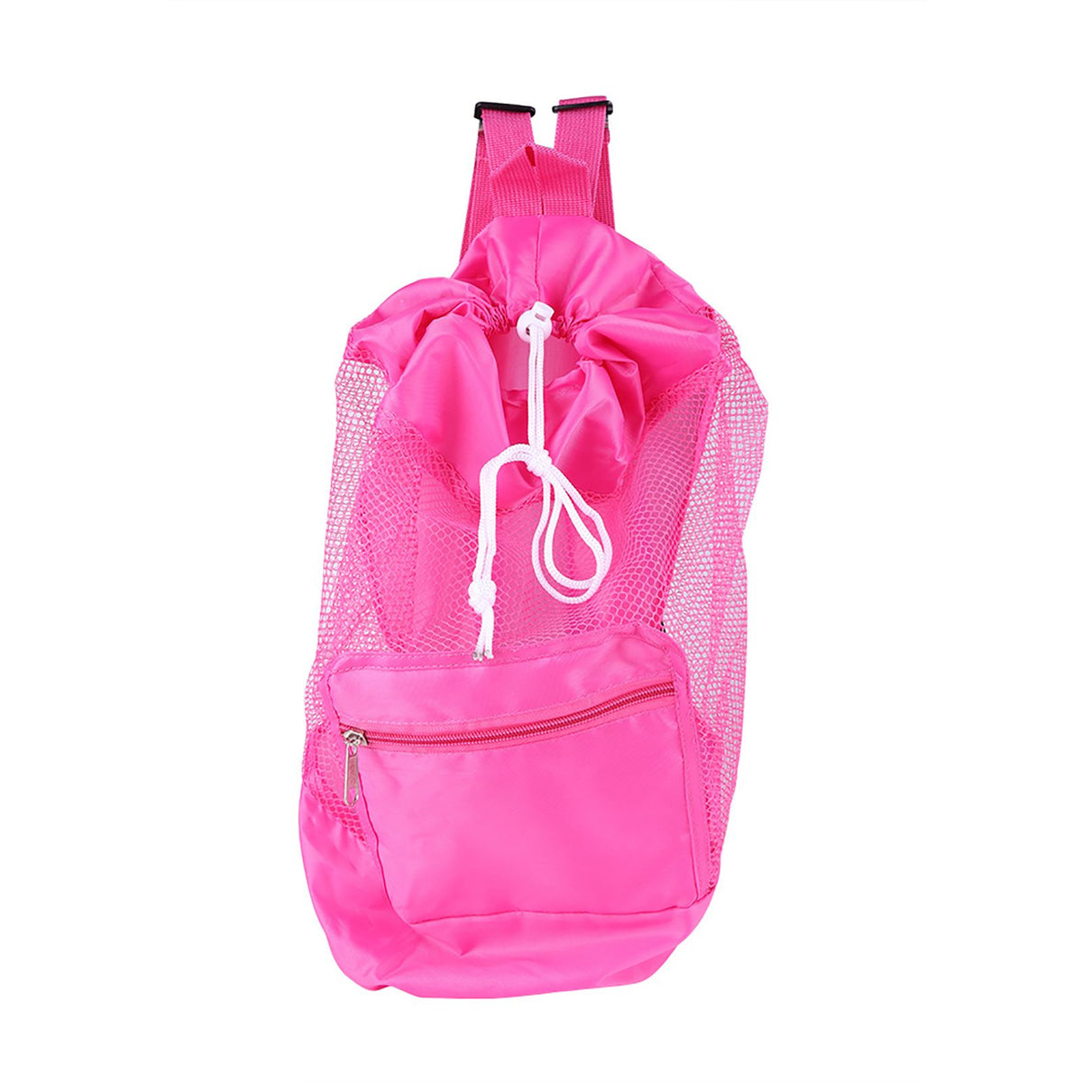 Pink mesh drawstring backpack for kids by Everything Baby, ideal for outdoor play and toy storage during beach outings