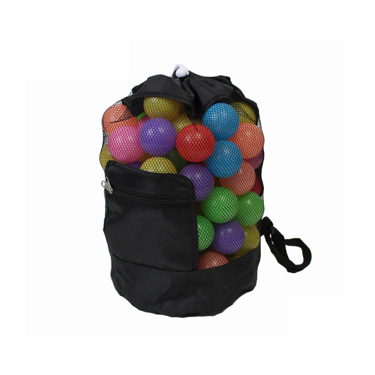 Black mesh drawstring backpack for kids with beach shell toys, ideal for outdoor play and toy storage by Everything Baby.