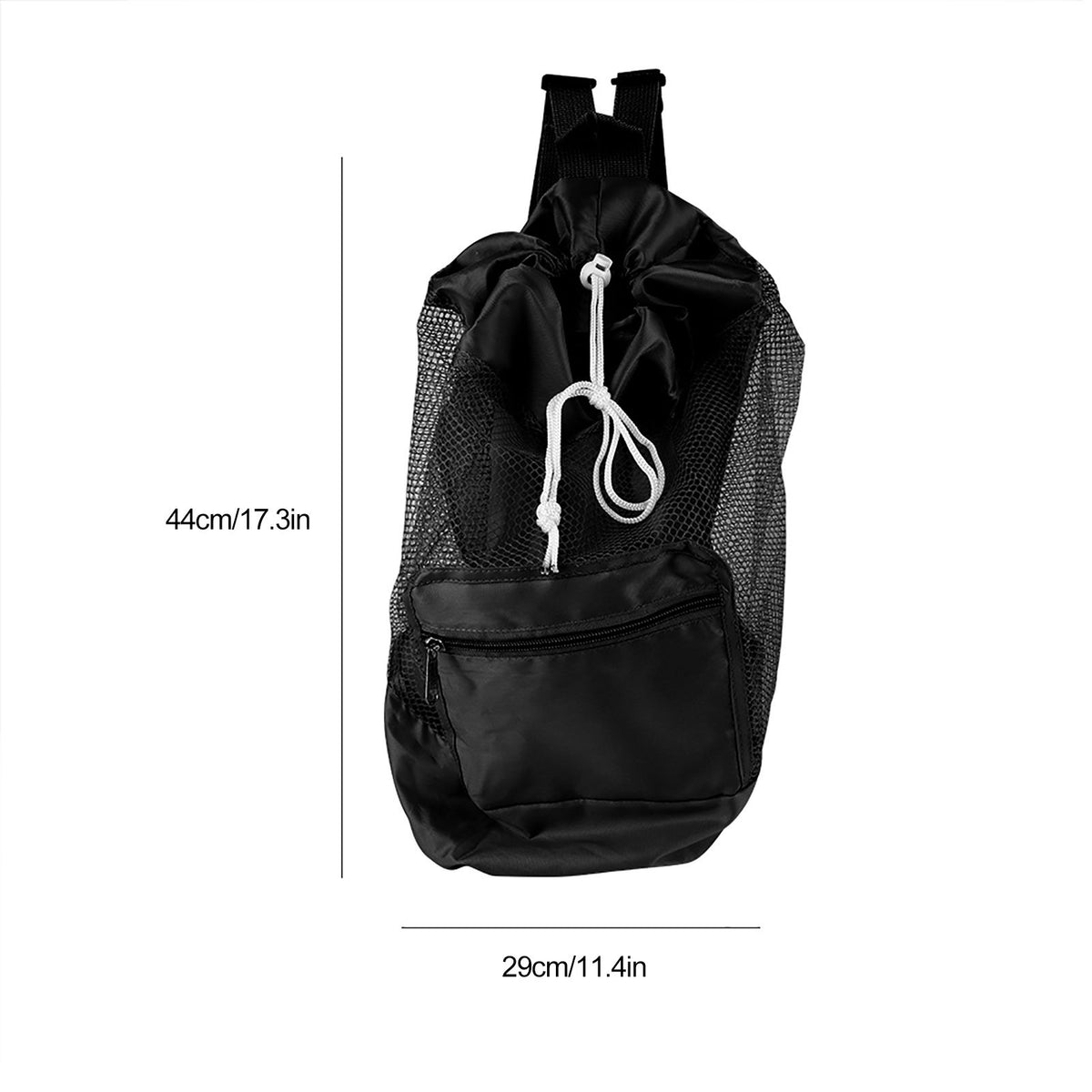 Black mesh drawstring backpack for kids, featuring a beach shell toy storage bag for outdoor play and toy organization.