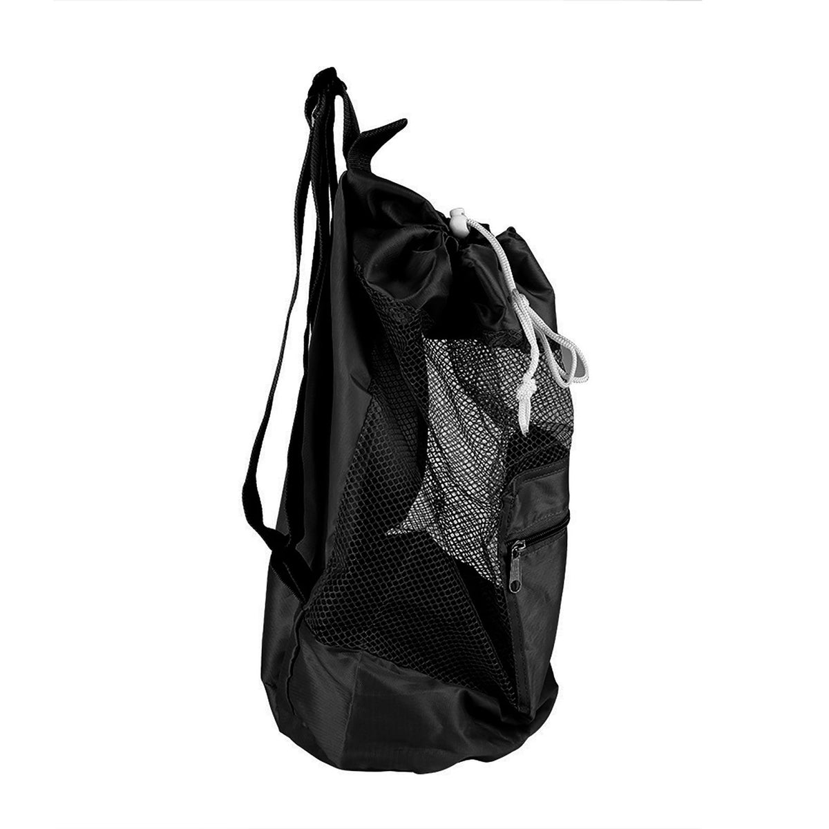 Black mesh drawstring backpack for kids with beach shell toy storage, ideal for outdoor play and toy organization.