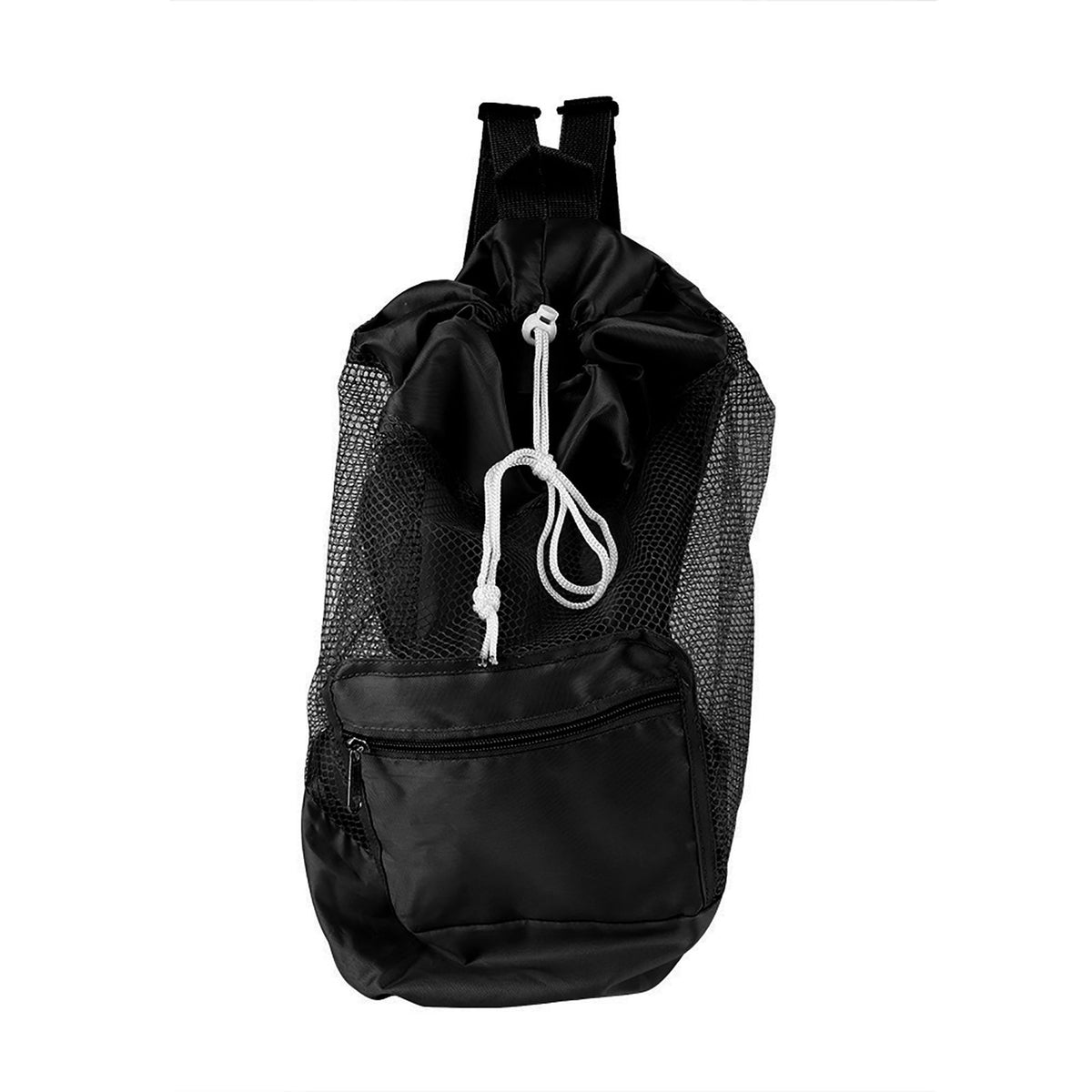 Black mesh drawstring backpack for kids, ideal for outdoor play and beach shell toy storage, from Everything Baby.