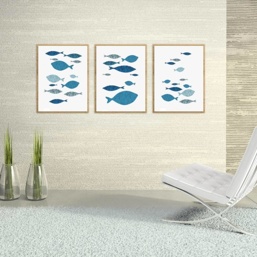 Three-piece canvas wall art featuring cartoon fishes, ideal for baby and kids' home or office decor by Everything Baby.