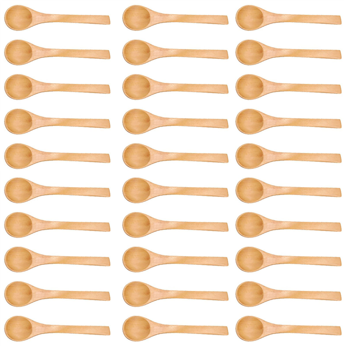 Set of 30 mini natural wooden children spoons for outdoor play, perfect as baby and kids kitchen condiment tools.