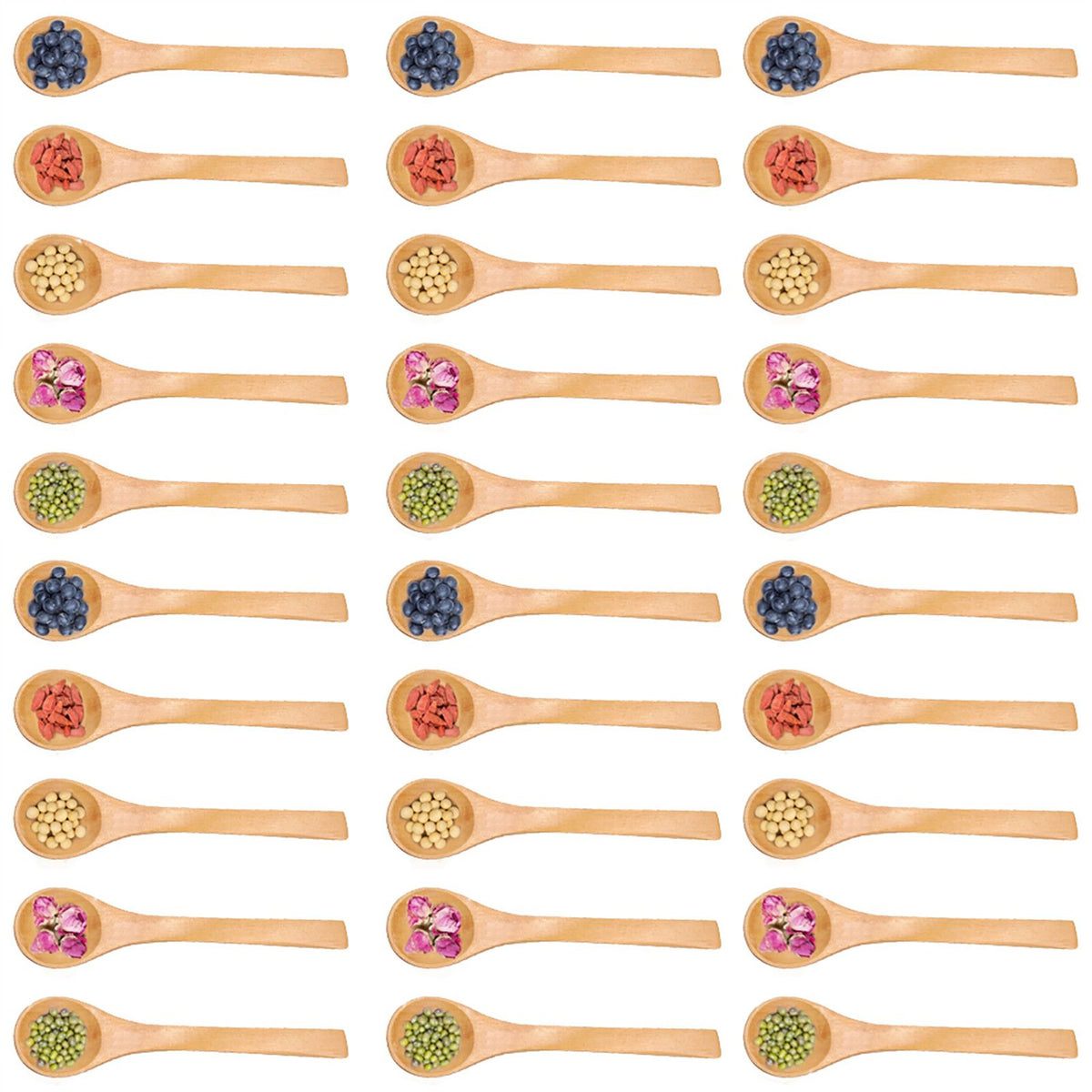 Set of 30 mini natural wooden spoons for kids, ideal for pretend play and kitchen toy activities by Everything Baby.