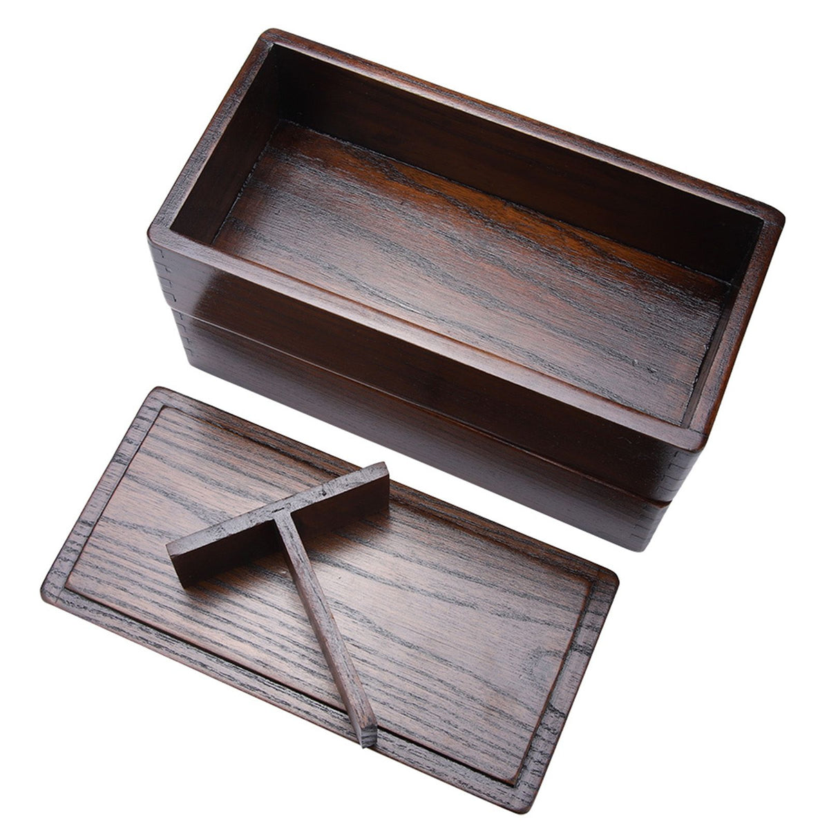 Natural wooden double layer lunch box with rectangular design, ideal for kids' picnic, sushi, and bento meals by Everything Baby.