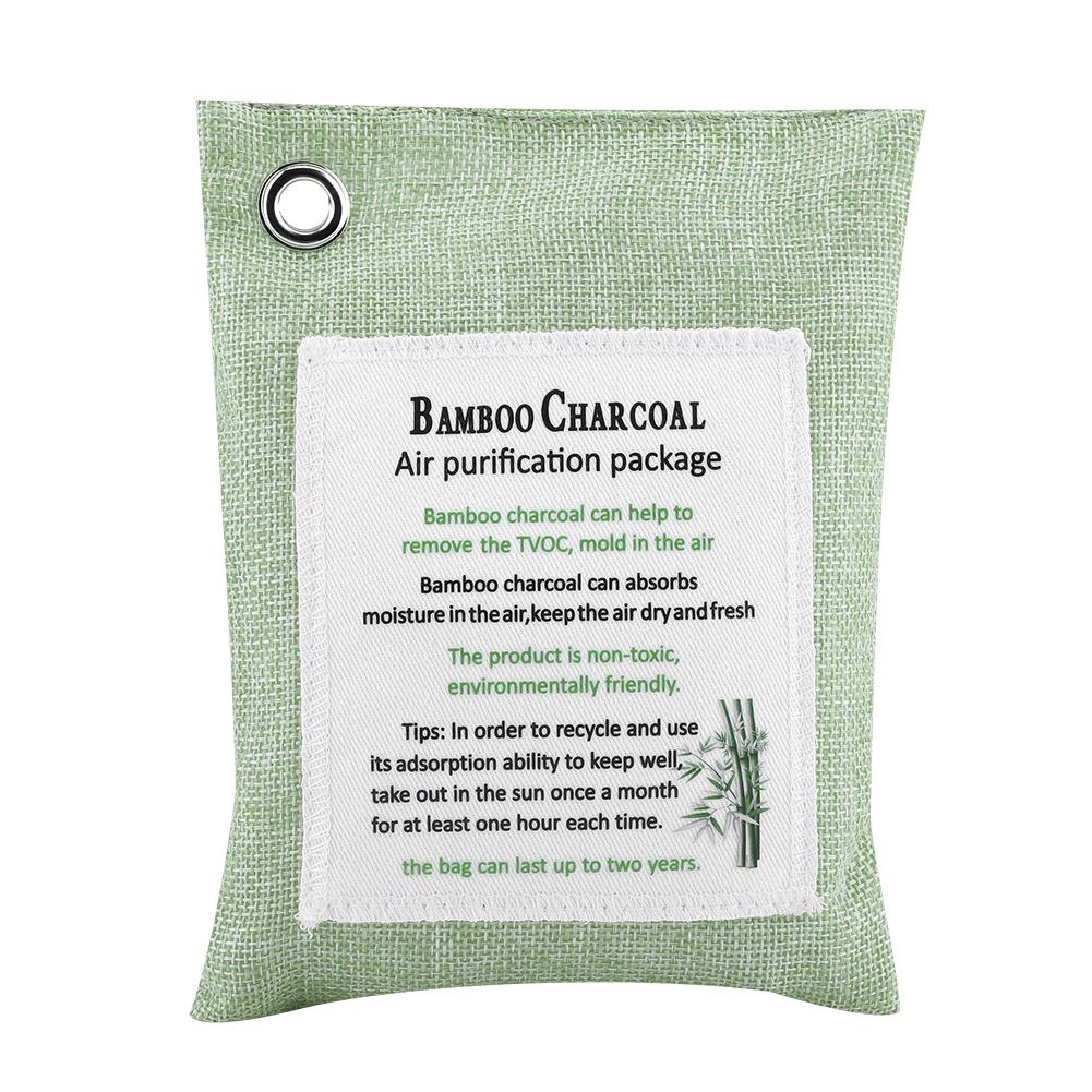Light green bamboo air purifying bag with activated charcoal, designed for odor removal in cars and small spaces.