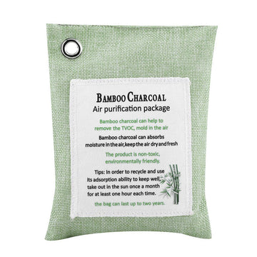 Light green bamboo air purifying bag with activated charcoal, designed for odor removal in cars and small spaces.