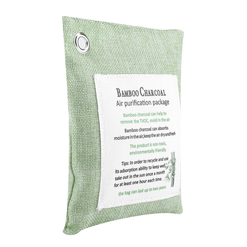 Light green air purifying bag with activated charcoal for odor removal, designed for cars and small spaces by Everything Baby.