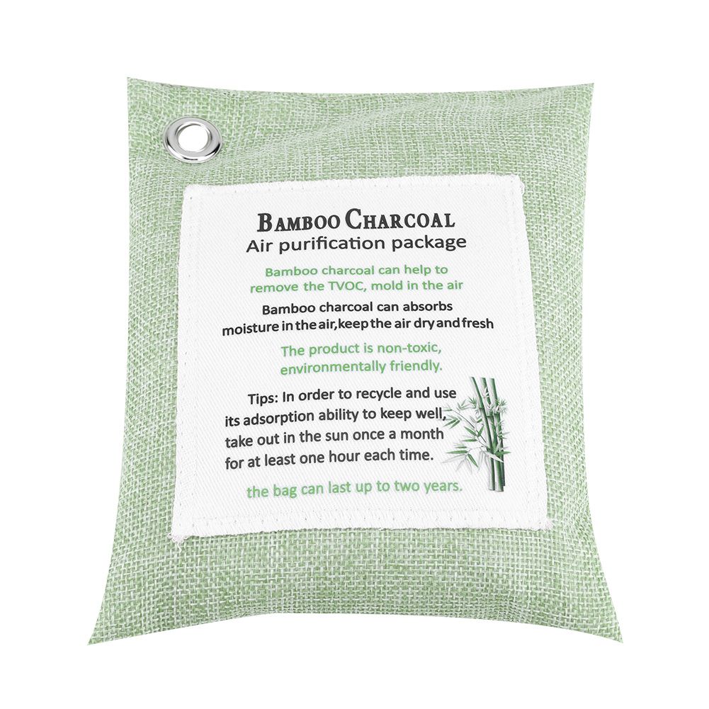 Light green bamboo air purifying bag with activated charcoal for odor removal, designed for car and small space deodorizing.