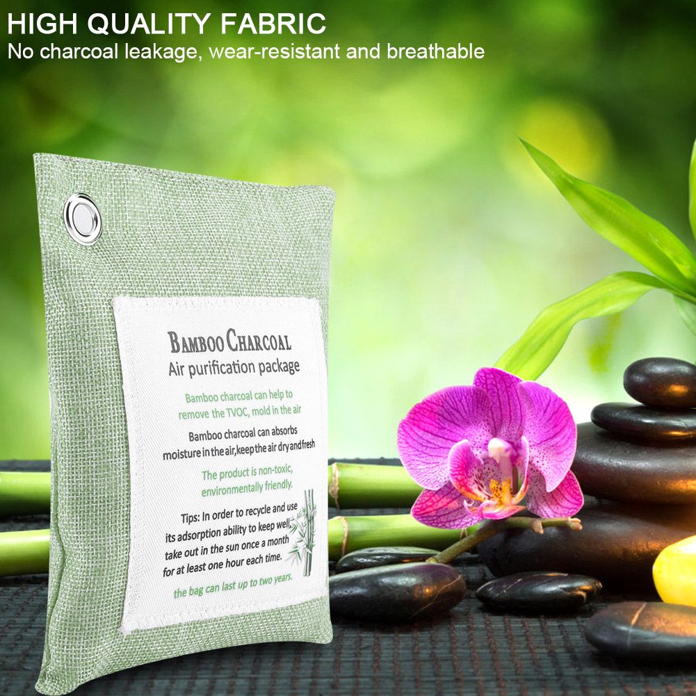 Light green bamboo air purifying bag with activated charcoal for odor removal, designed for baby and kids' lunch boxes and bags.