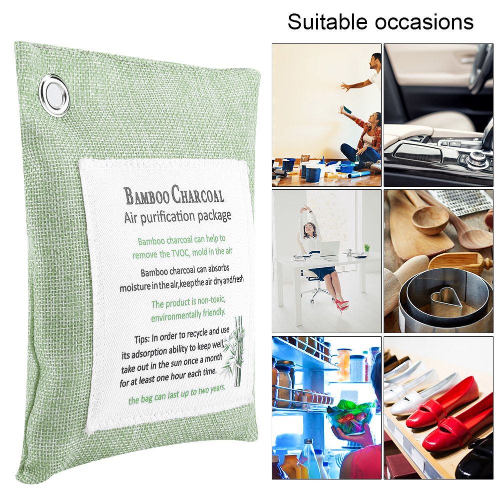Light green bamboo air purifying bag with activated charcoal for odor removal, designed for car and home use.