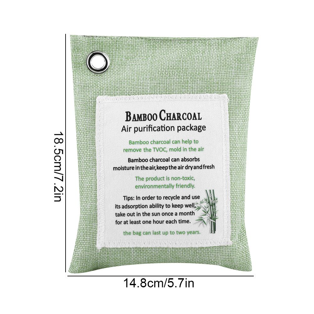 Light green bamboo air purifying bag with activated charcoal, designed for car odor control and freshening in kids' lunch bags.