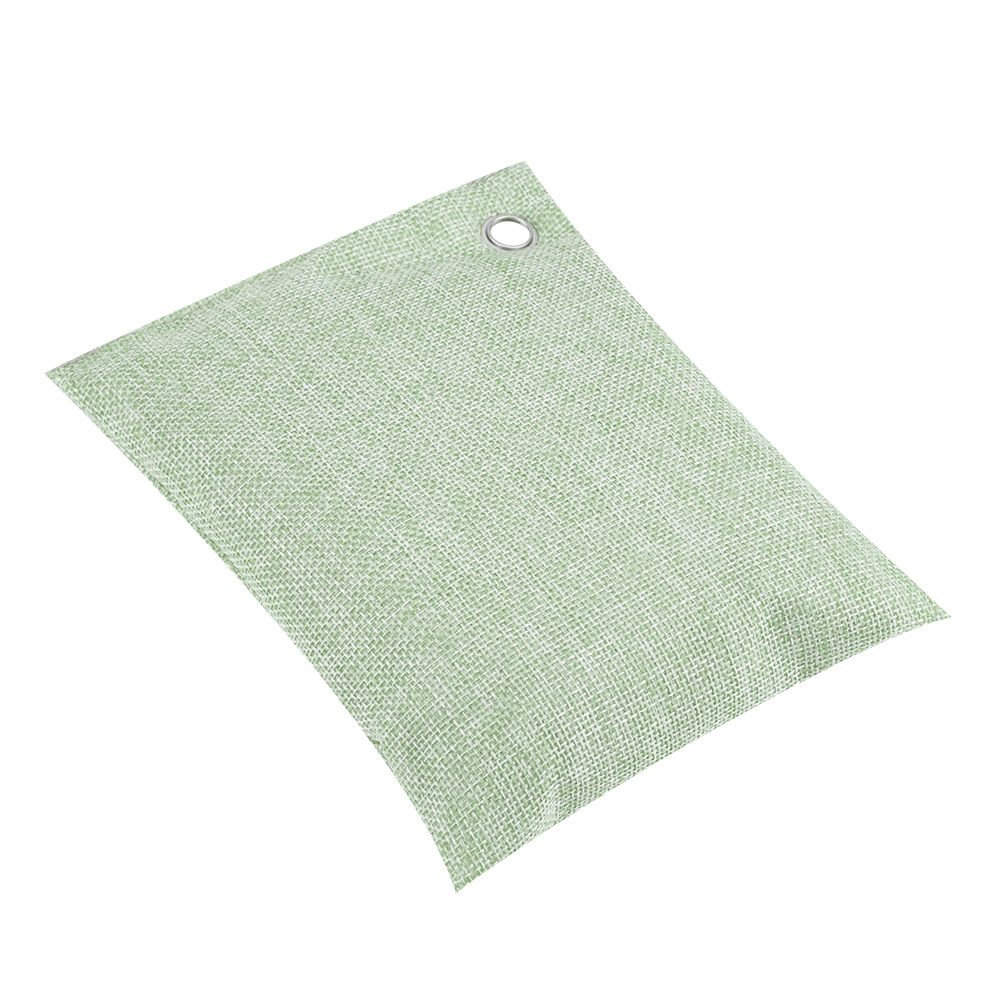 Light green bamboo air purifying bag with activated charcoal for odor removal, designed for kids' lunch boxes and car deodorizer.