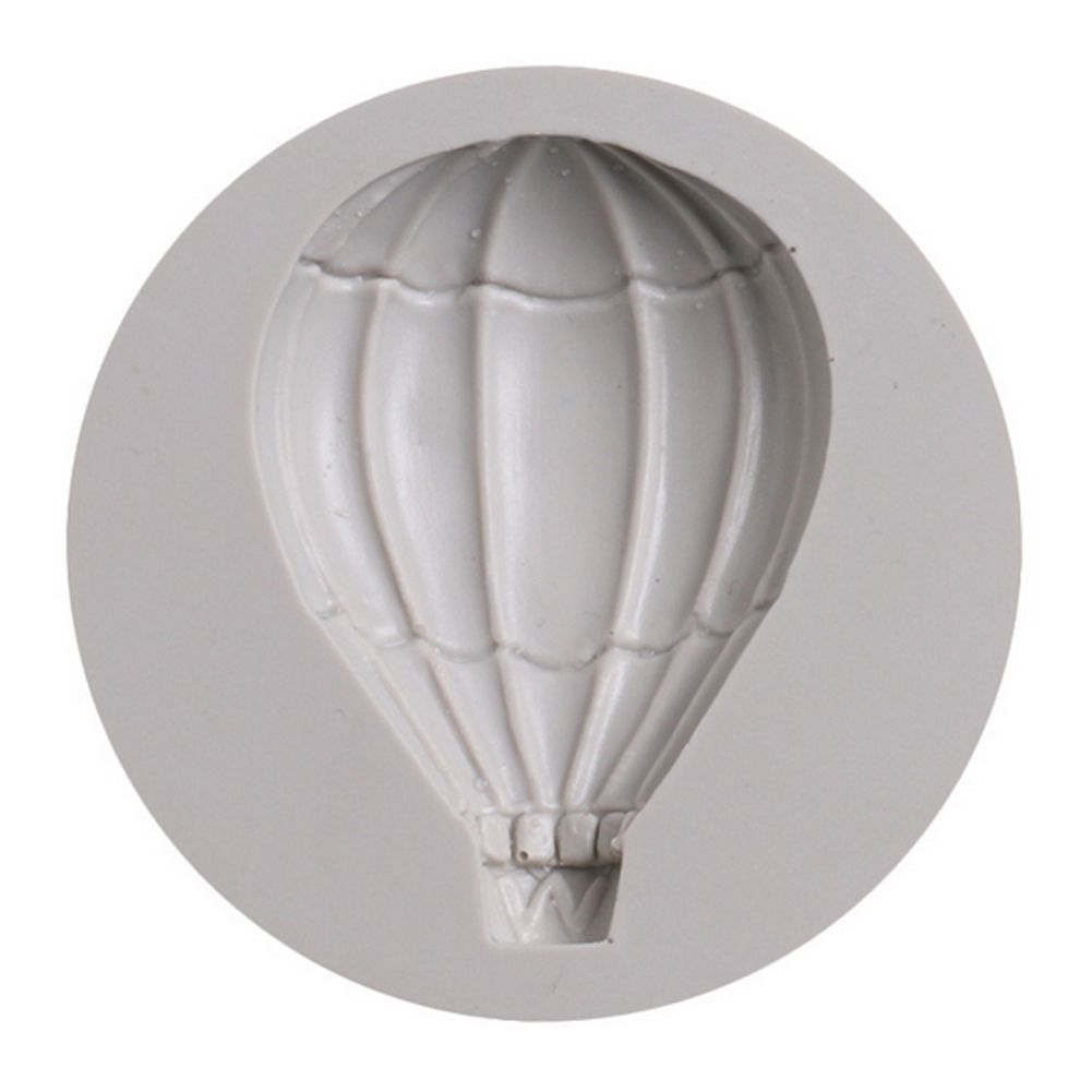 Silicone mold with hot air balloon pattern for decorating cakes, designed for baking and fondant cake decorating.
