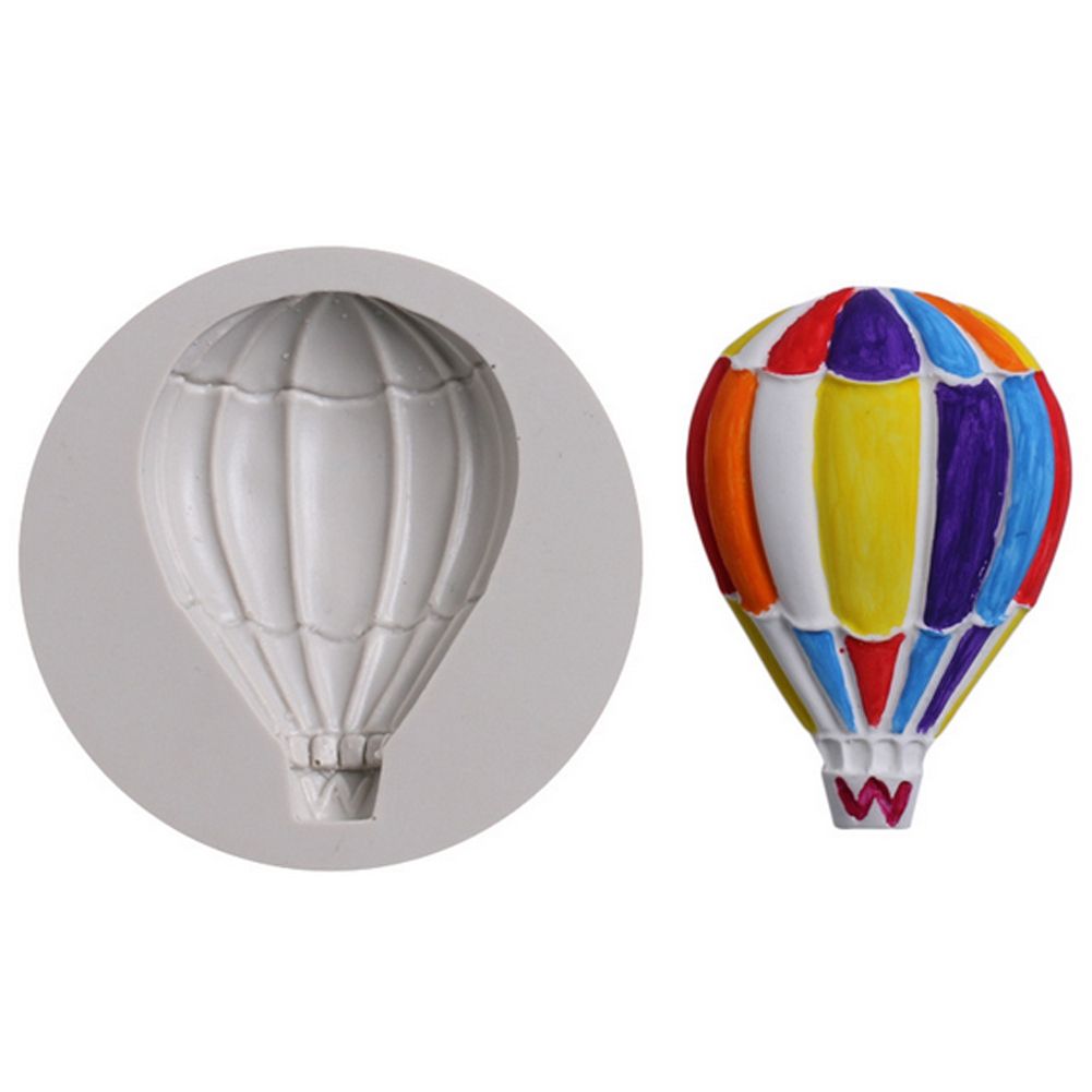 Silicone mold featuring hot air balloon pattern for fondant cake decorating, ideal for baby and kid's pretend play baking crafts.
