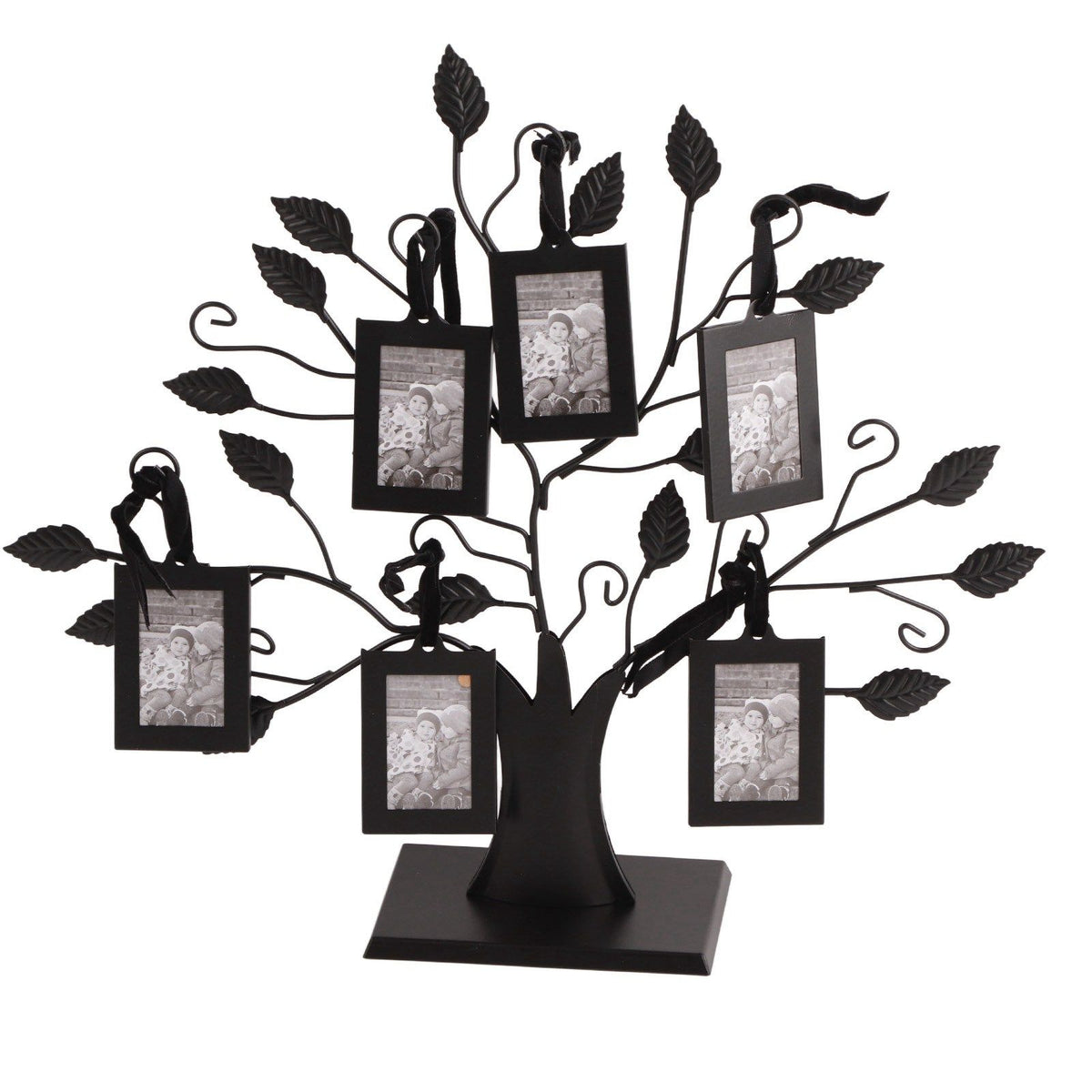 Fashionable family photo display tree with hanging picture frames, made of wood for home decor and kid's room organization.