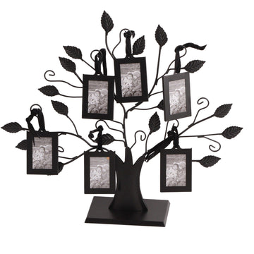 Fashionable family photo display tree with hanging picture frames, made of wood for home decor and kid's room organization.