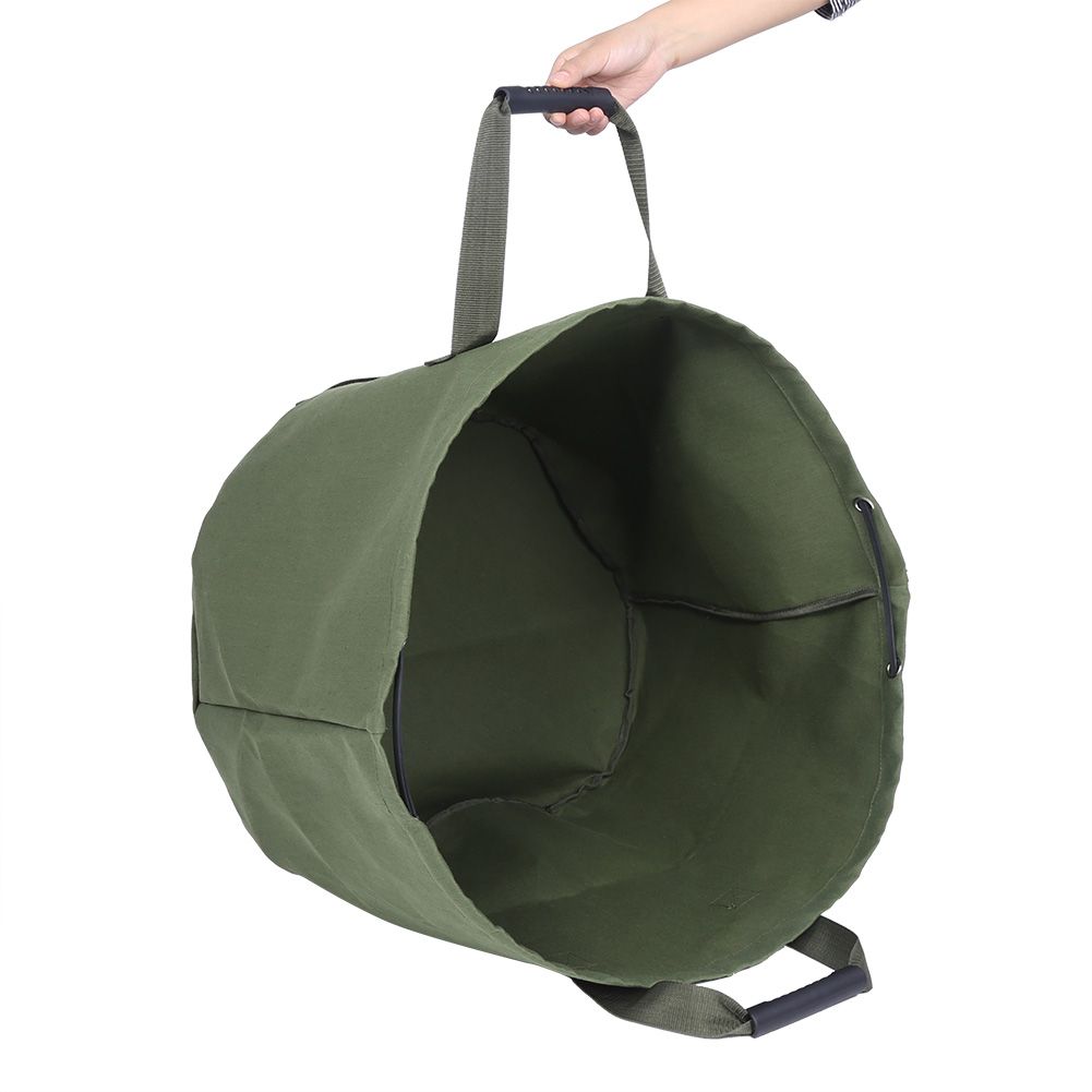 Portable waterproof canvas garden leaf trash waste bag container with handles, ideal for outdoor cleaning and storage.