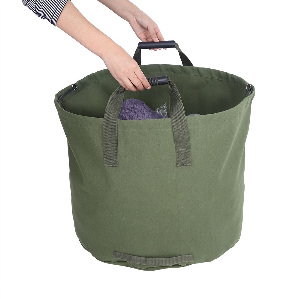 Portable waterproof canvas tote for garden leaf waste, reusable trash bag container, ideal for outdoor play and gardening storage.