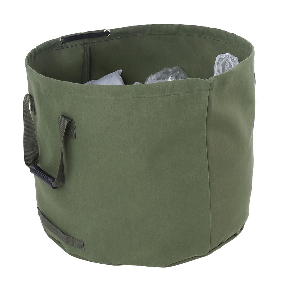Portable waterproof canvas tote for garden leaf waste, reusable trash bag container, ideal for outdoor play and yard cleanup.