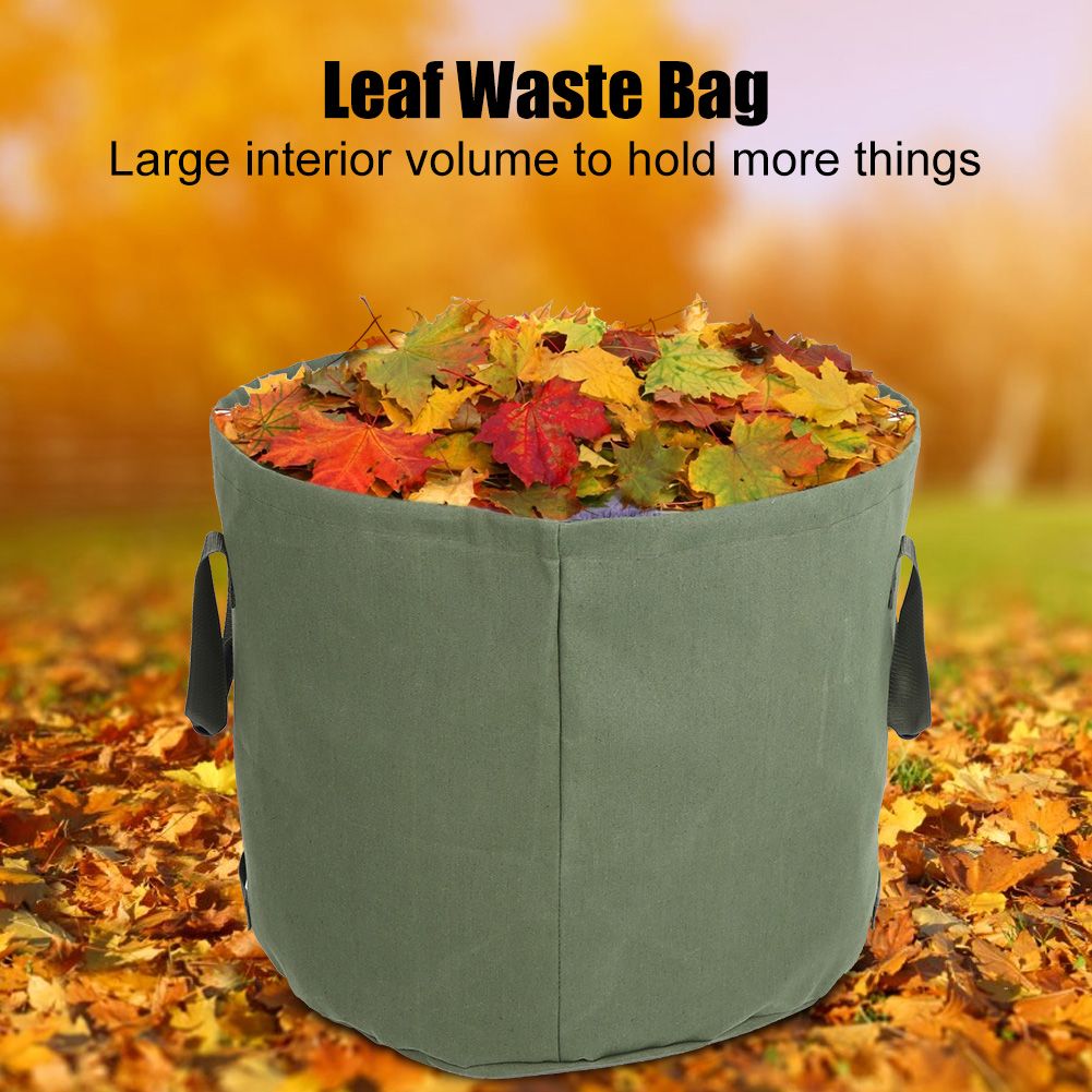 Portable waterproof canvas garden leaf trash waste bag container, reusable outdoor storage tote, ideal for garden cleanup.