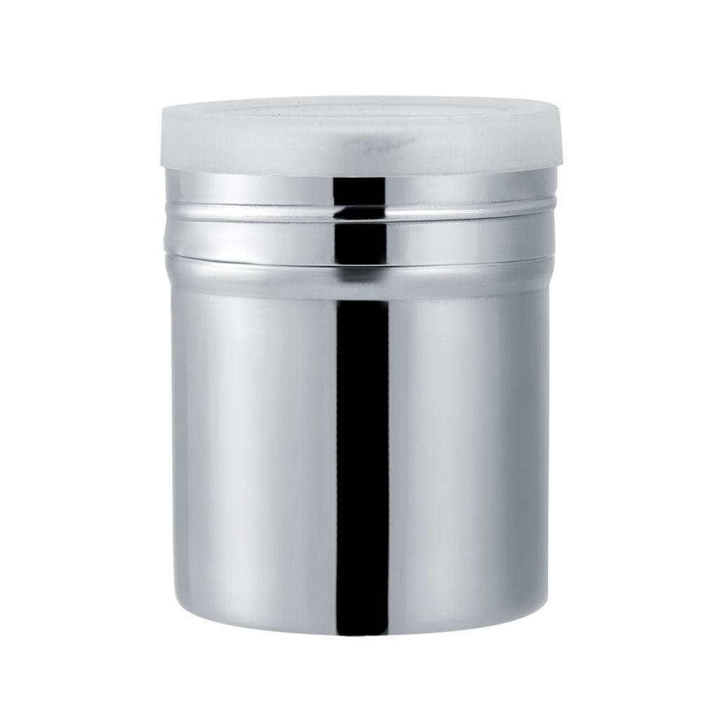 Stainless steel cocoa powder shaker for chocolate and sugar, compact size, ideal for baking and decorating.