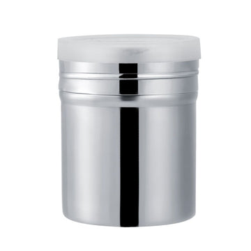 Stainless steel cocoa powder shaker for chocolate and sugar, compact size, ideal for baking and decorating.
