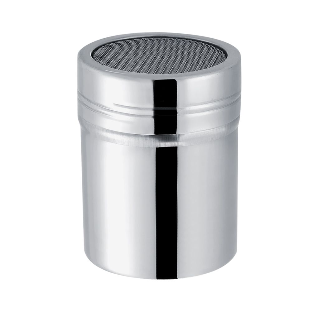 Stainless steel cocoa powder shaker with fine sifting for chocolate icing and sugar, suitable for baking and decorating.